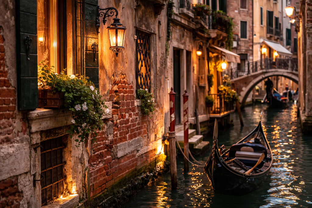 Canale veneziano al tramonto con gondole, ponte e palazzi illuminati