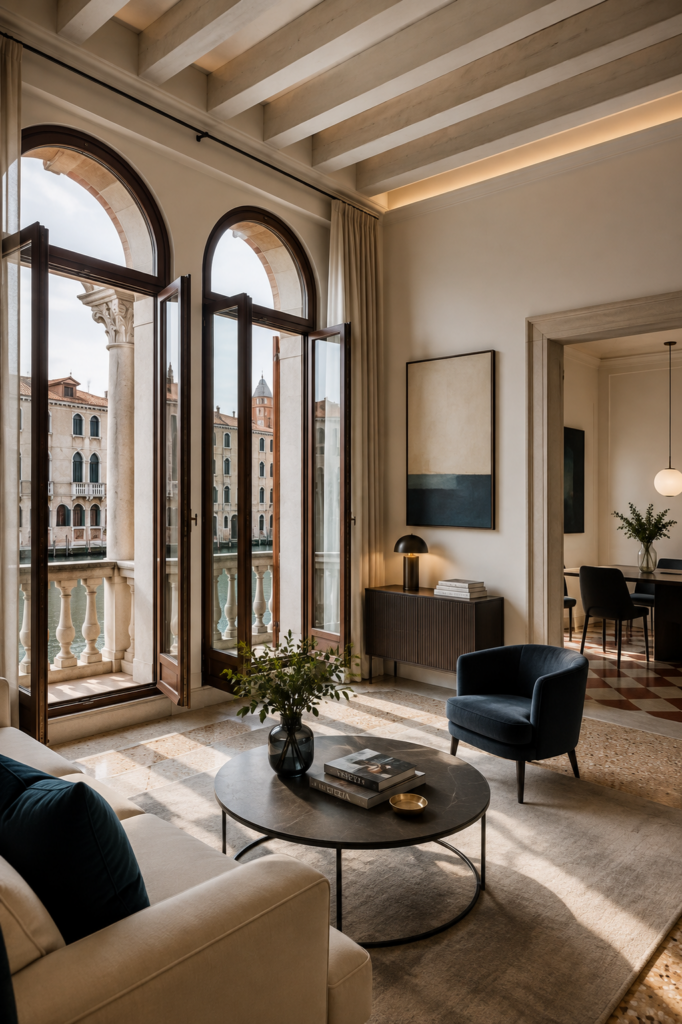 Interno elegante di appartamento a Venezia valorizzato con stile contemporaneo