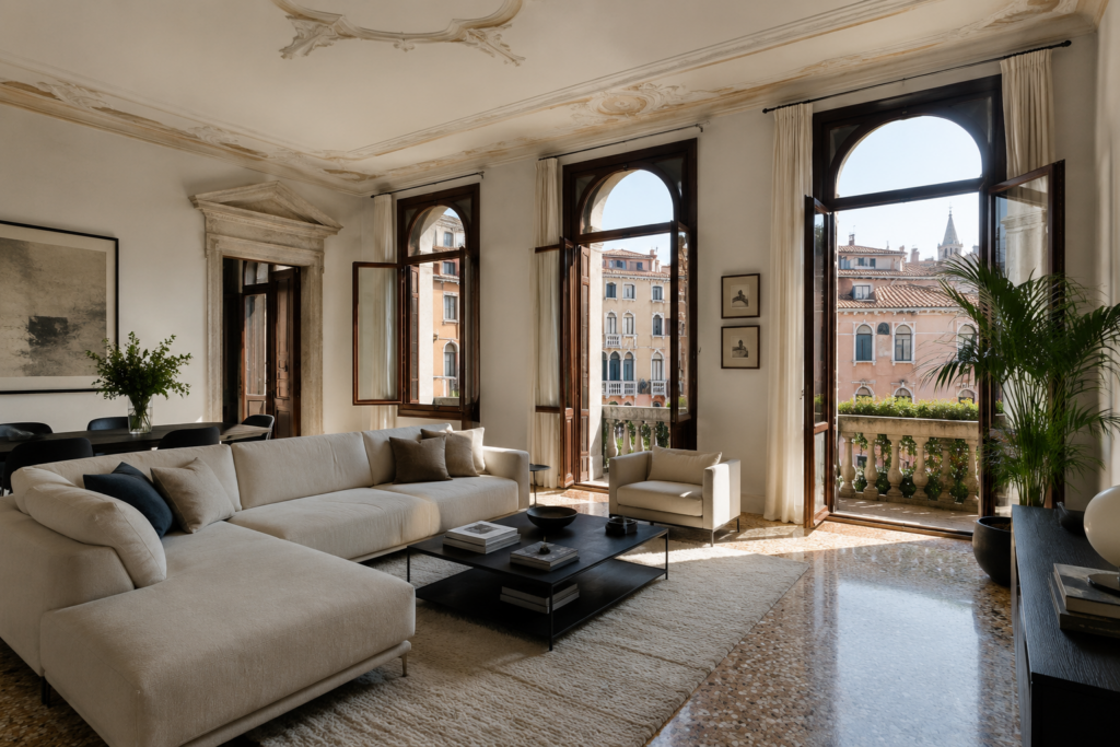 Interno veneziano di pregio con luce naturale e arredi contemporanei