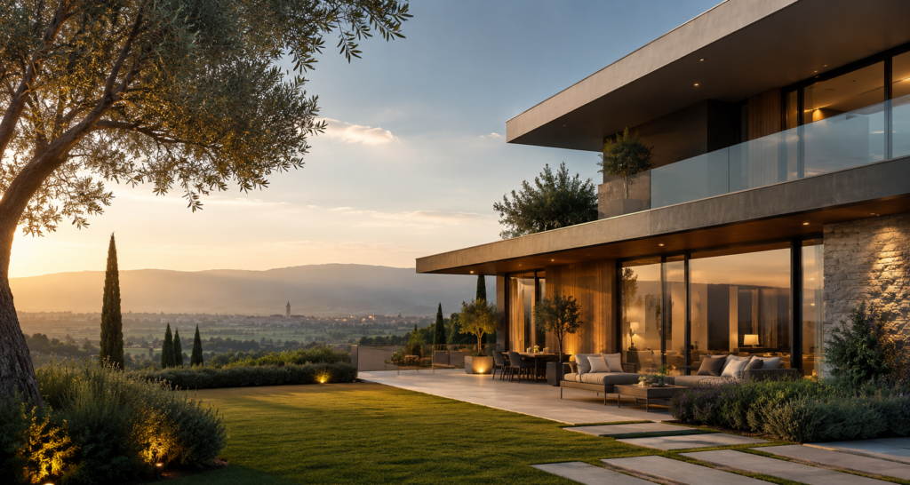 Villa contemporanea di pregio in Veneto con giardino e vista panoramica al tramonto.