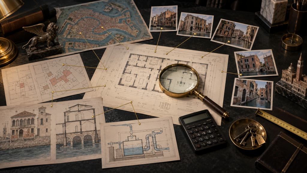 Planimetrie, fotografie, mappa di Venezia e verifiche tecniche per una valutazione immobiliare