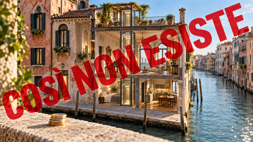 Casa veneziana ideale con piano nobile, altana, ascensore e vista sul canale, attraversata dalla scritta “Così non esiste”